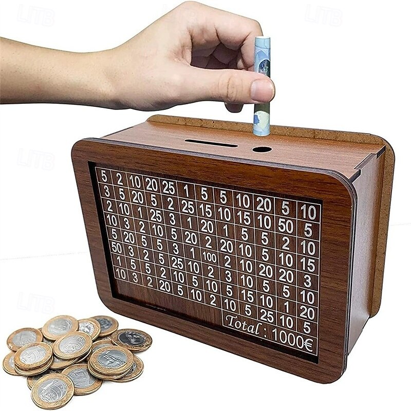 2025 New Wooden Money Saving Challenge Box Cash Vault Wooden Savings Box Wooden Cash Saver Money Box with Counter Coin Counter Piggy Bank Money Box with Money Target and Numbers