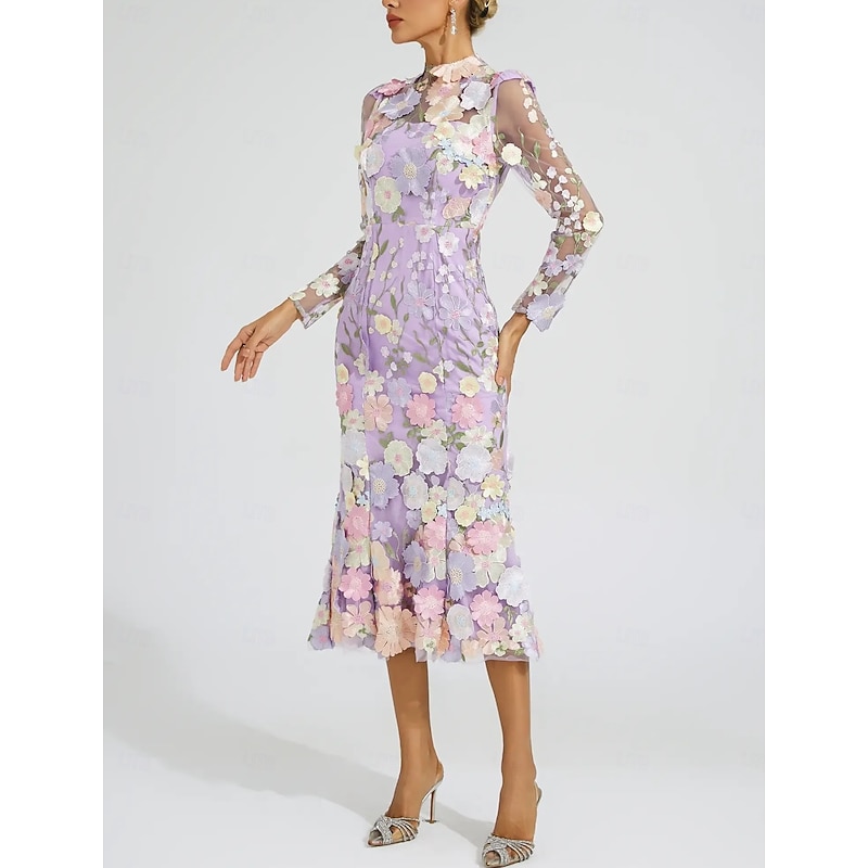 Floral Embroidered A-Line Dress Mother of the Bride Dress Wedding  Elegant Vintage Illusion Neck Ankle Length Tulle Long Sleeve with Appliques Flower4