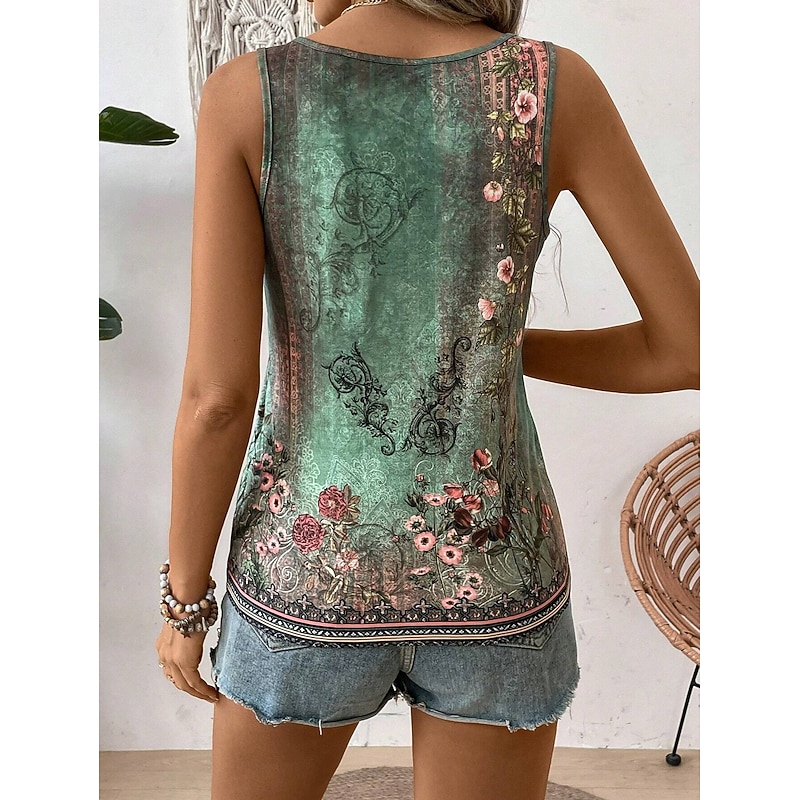 Women's Camisole Tank Top Floral Ethnic Casual Sleeveless U Neck Regular Tops Daily Print Green Summer2