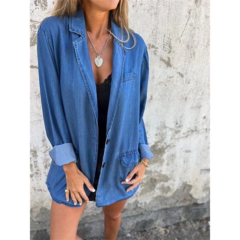 Women's Denim Jacket Breathable Comfortable Buttons Pocket Casual Plain Vacation Street Daily Wear Going out Regular Turndown Regular Fit Long Sleeve Outerwear Black Blue Summer Spring3