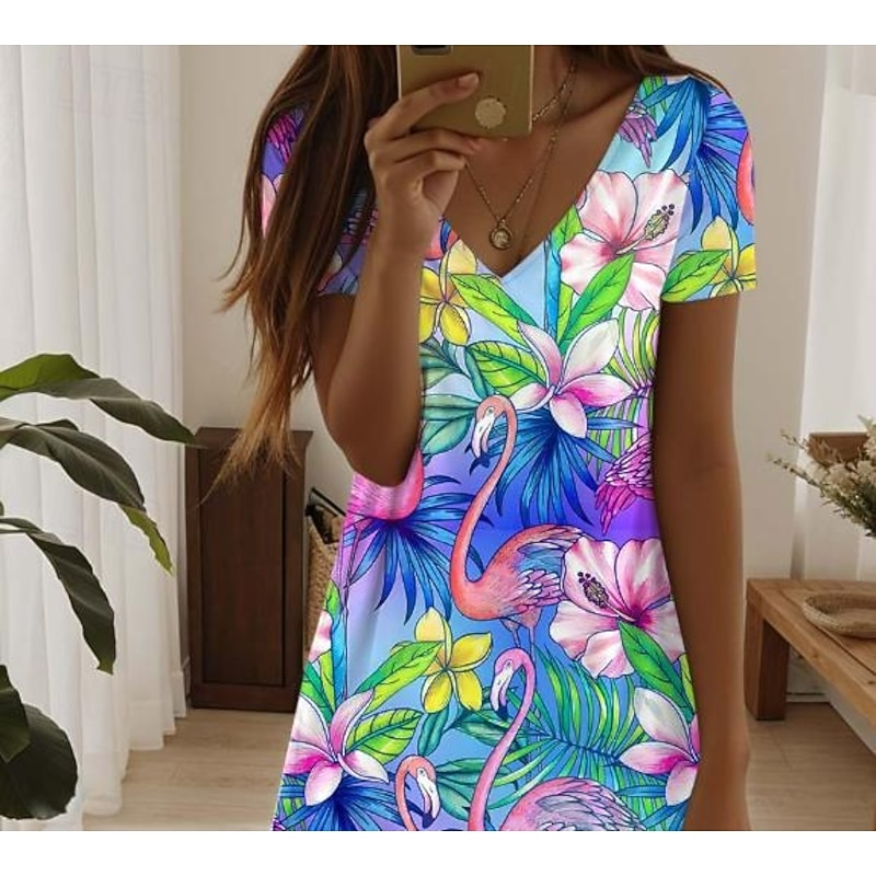 Women's Mini Dress Casual Dress Elegant Tropical Hawaiian Daily Regular Fit Floral Short Sleeve Crew Neck Colourful Summer3