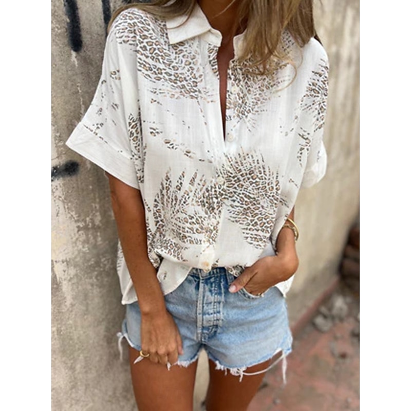 Women's Shirt Blouse Graphic Stylish Casual Short Sleeve V Neck Regular Tops Daily Buttons White Green Summer Spring4