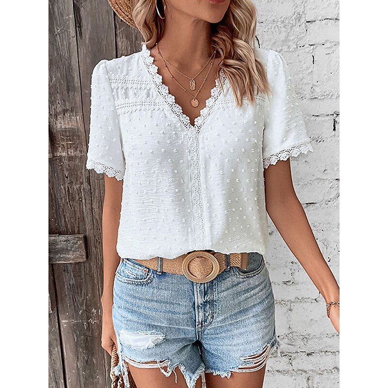 Women's Shirt Blouse Solid Color Stylish Casual Short Sleeve V Neck Regular Tops Work Daily Holiday Lace White Pink Summer Spring