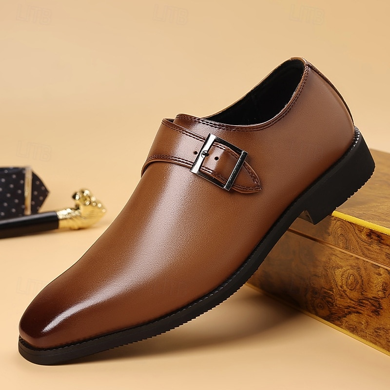 Men's Premium Faux Leather Monk Strap Shoes – Classic Brown Formal Slip-On Dress Shoes with Buckle Detail, Perfect for Business and Formal Occasions