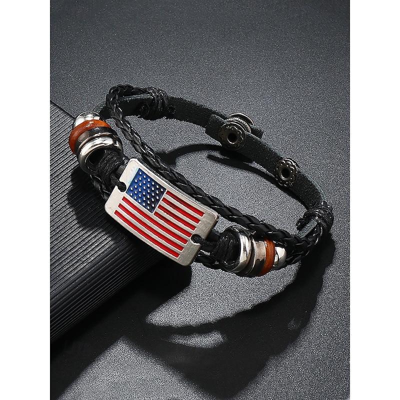 Men's Leather American Flag Bracelet – Stylish Braided Strap with Metal and Wooden Accents for Casual and Patriotic Occasions2