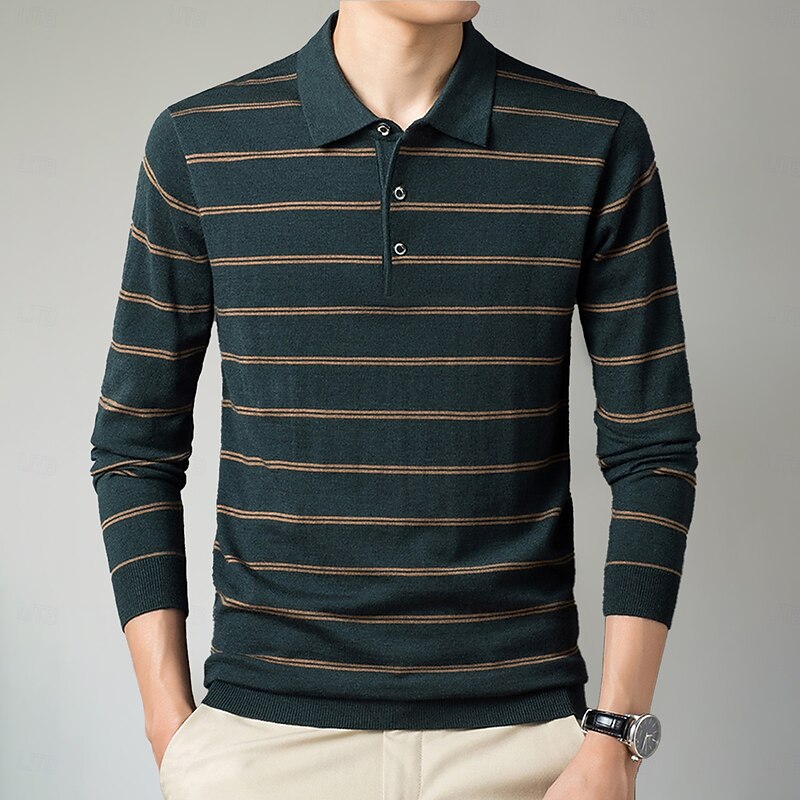 Men's Polo Knit Polo Sweater Formal Work Turndown Long Sleeve Modern Comfortable Striped Stripe Buttons Spring Spring &  Fall Regular Fit Navy Blue Blue Dark Green Brown Polo2