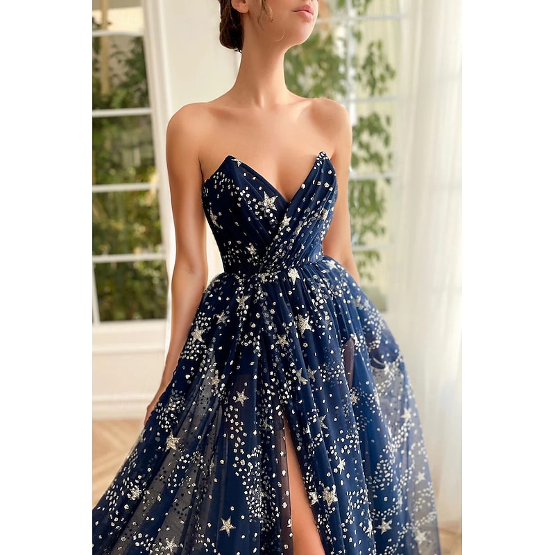 A-Line Prom Dresses Sparkle & Shine Dress Wedding Guest Birthday Sweep / Brush Train Long Sleeve Strapless Tulle with Sequin Slit Masquerade Dress4