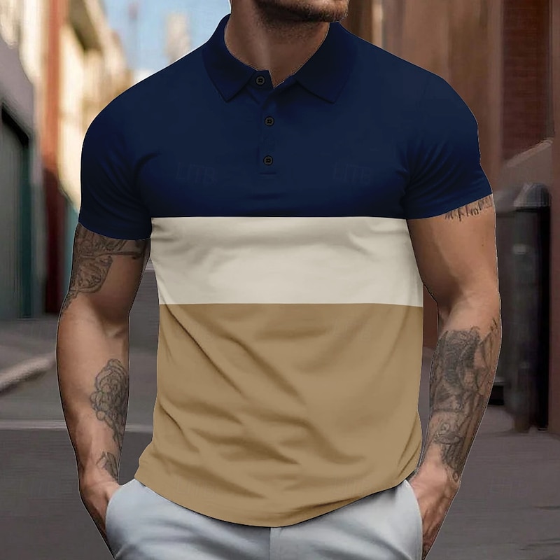 Men's Striped Rugby Polo Short Sleeve Polo Shirts Collared Shirts Casual School Outdoor Sports Daily Wear 3D Print Summer Black Red Dark Blue