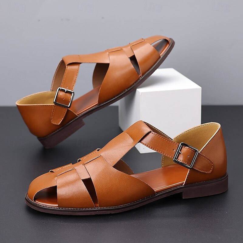 Men's Tan Faux Leather Open-Toe Sandals with Adjustable Buckle Strap, Casual Style for Everyday Wear3