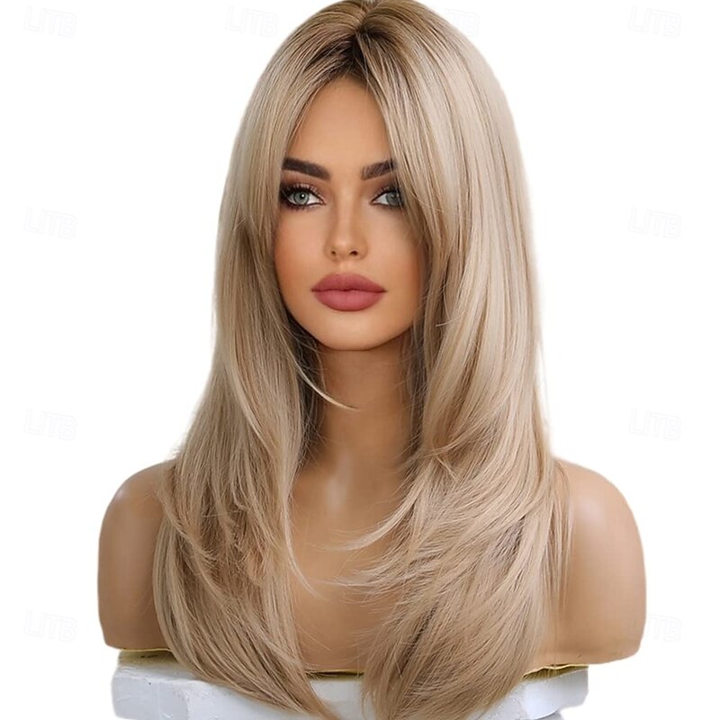Long Blonde Wig for Women Layered Synthetic Heat Resistant Straight Hair Wig with Dark Roots Natural Realistic Wig for Daily Party