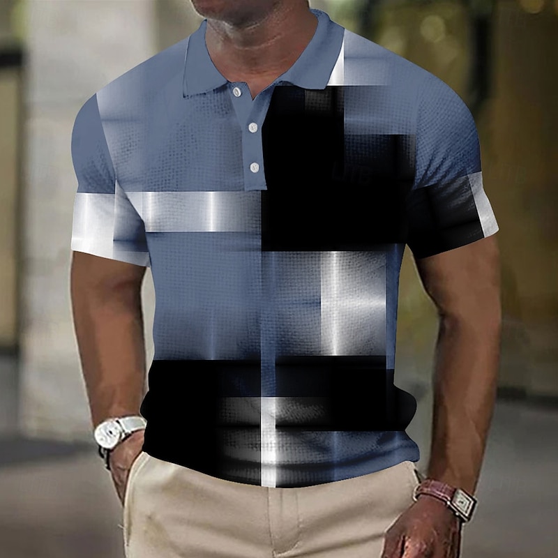 Men's Geometic Waffle Polo Shirts Short Sleeve Polo Shirts Collared Shirts Business Casual Business Athleisure Daily Wear Buttons 3D Print Summer Blue Brown Light Blue