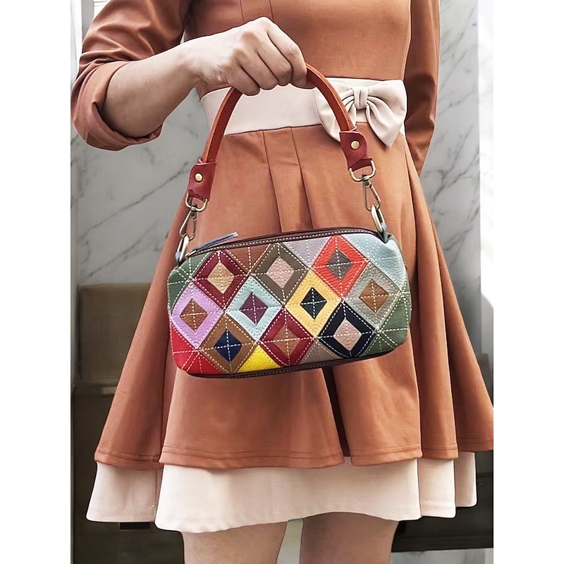 Colorful Quilted Leather Crossbody Bag with Random Color Block Geometric Pattern – Stylish and Vibrant Accessory for Women, Ideal for Casual Outings and Daily Wear