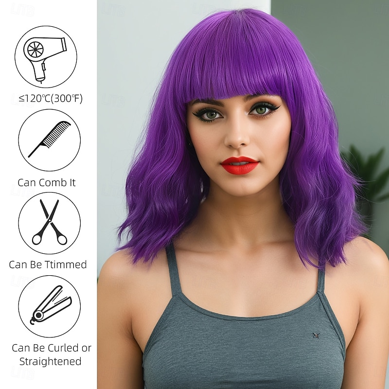 Synthetic Wig Bouncy Curl Deep Wave Asymmetrical With Bangs Machine Made Wig Short Blonde Synthetic Hair Women's Purple3