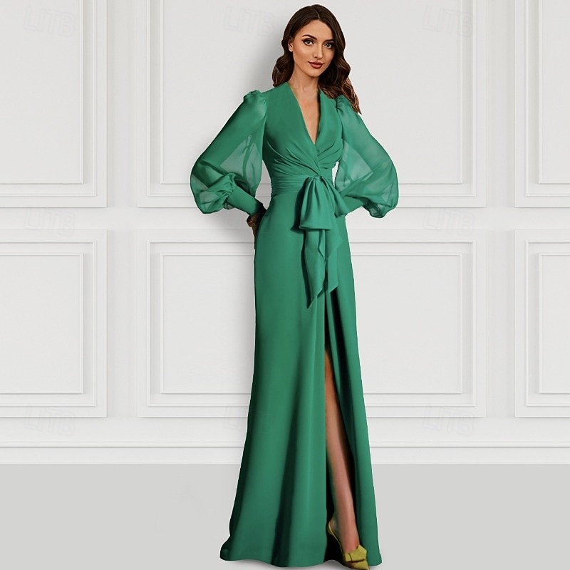 Mermaid / Trumpet Evening Gown Elegant Dress Formal Wedding Guest Sweep / Brush Train Long Sleeve V Neck Fall Wedding Guest Chiffon with Slit Strappy3