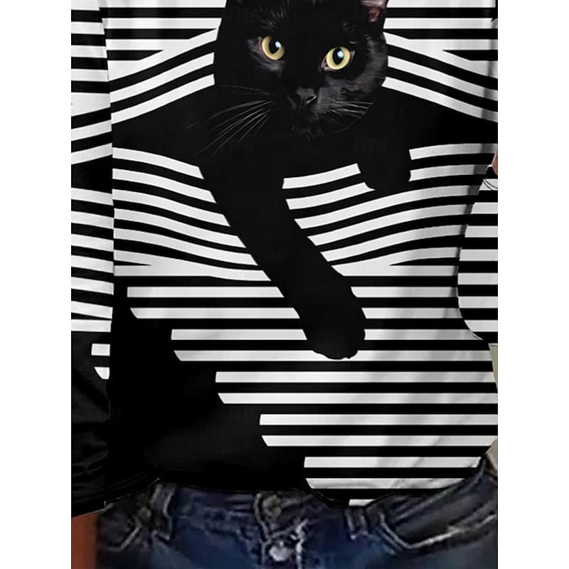 Women's T shirt Crew Neck Long Sleeve Tunic Cat Striped Casual  Regular Tops Daily Print Black Green Spring Fall MAO3