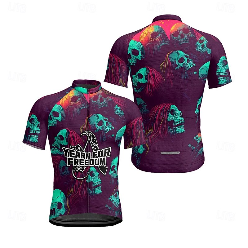 Men's Cycling Jersey Skull Short Sleeve Bike Tee Tshirt Jersey with 3 Rear Pockets Mountain Bike MTB Quick Dry Anatomic Design Wicking Breathable Sports Black Purple Clothing Apparel