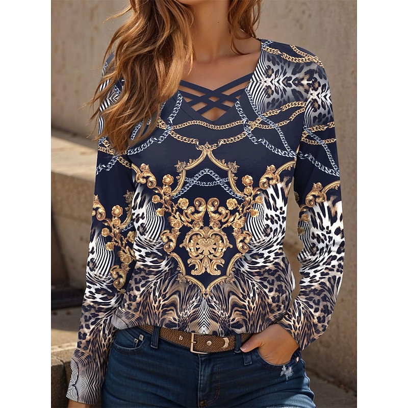 Women's T Shirt Graphic Leopard Paisley Casual Long Sleeve V Neck Regular Tops Daily Cut Out Print Navy Blue Spring Fall