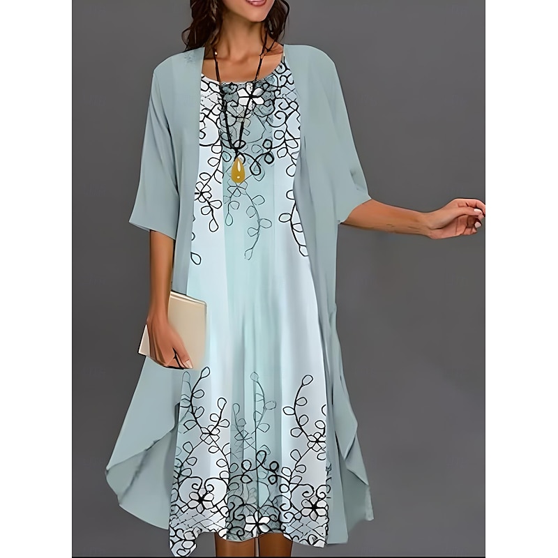 Women's Graduation Dress Midi Dress Chiffon Dress Shift Dress Summer Dress Elegant Stylish Formal Formal Wedding Guest Daily Loose Fit Floral Graphic Half Sleeve Crew Neck Sky Blue Summer Spring Fall