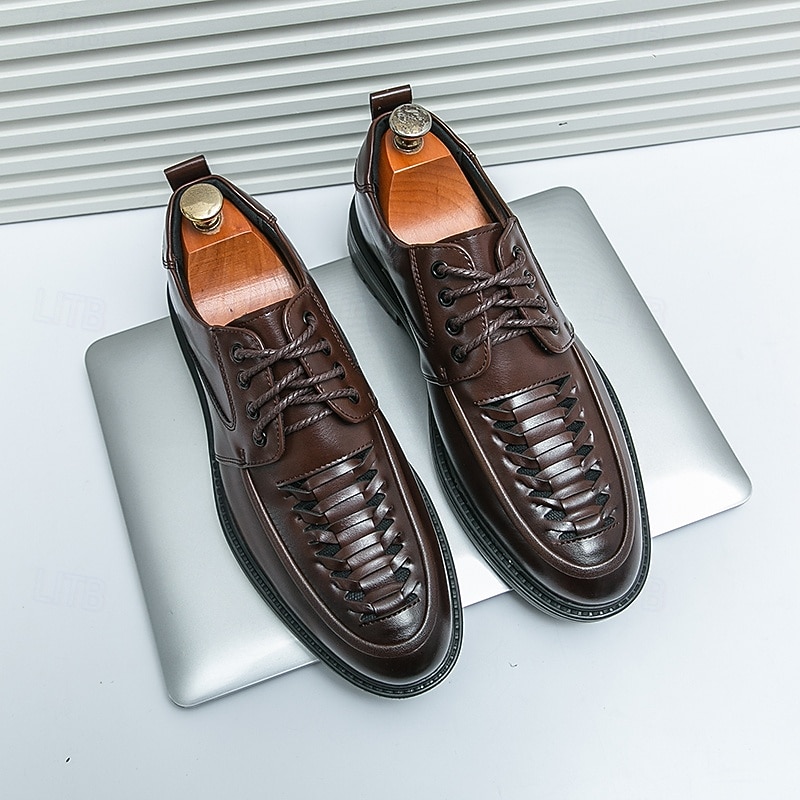 Men's Dark Brown Derby Shoes - Faux Leather with Toe-Cap Weaving Design, Stylish and Versatile Footwear for Men, Perfect for Casual, Office and Everyday Wear4