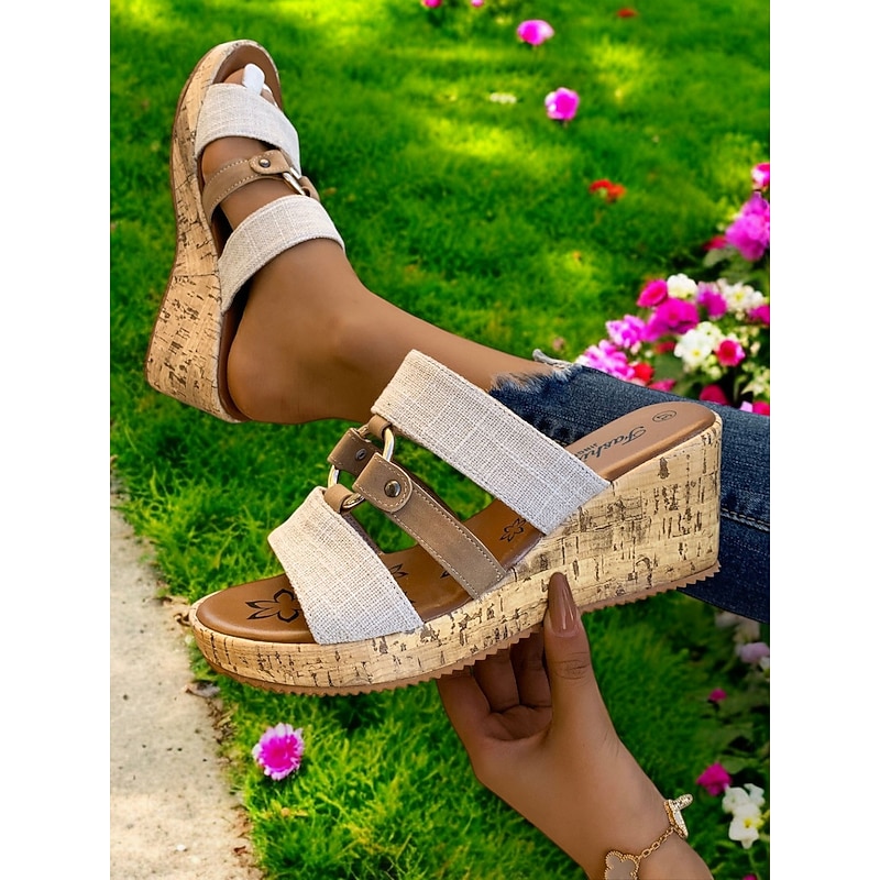 Women's Beige Wedge Sandals – Stylish Summer Slip-On Sandals with Buckle Straps for Casual & Beach Wear