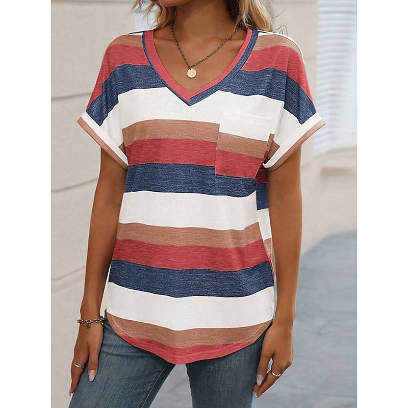 Women's T Shirt Striped Fashion Modern Casual Short Sleeve V Neck Regular Tops Daily Weekend Pink Wine Sky Blue Summer Spring2
