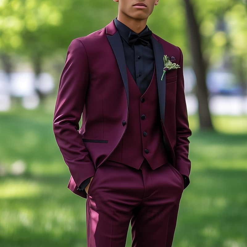 Men's Party Prom Party Suits Peaked Lapel Burgundy Fashion Formal Solid Colored Standard Fit 3 Piece Single Breasted One-button2