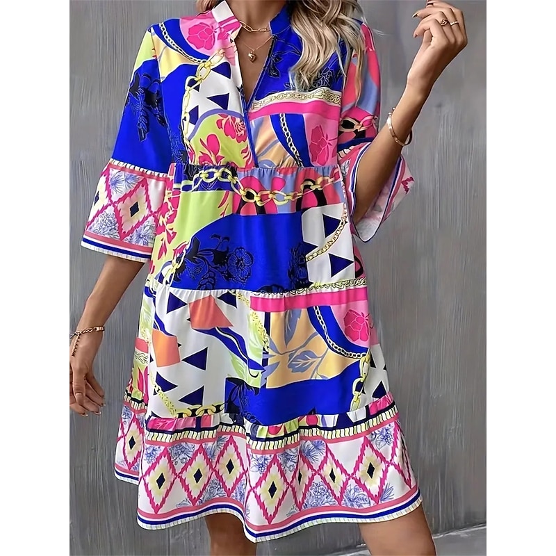 Women's Long Dress Maxi Dress Casual Dress A Line Dress Elegant Stylish Basic Flared Sleeve Vacation Daily Regular Fit Geometric Half Sleeve V Neck Blue Green Summer Spring