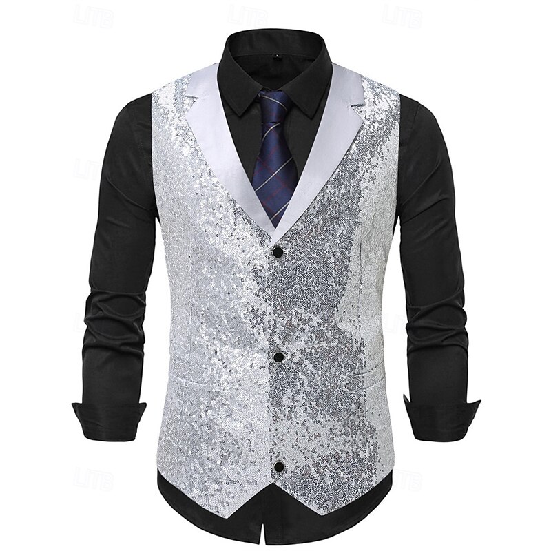 Men's Vest Waistcoat Gilet Performance Vacation Stage Fashion Casual Summer Spring Sequins Buttons Pocket Polyester Comfortable Plain Single Breasted One-button Lapel Regular Fit Silver Black Vest2