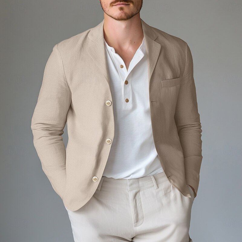 Men's Lightweight Jacket Linen Blazer Outdoor Office Daily Spring & Summer Cotton And Linen Solid Color Comfy Single Breasted Blazer Light Green Navy Blue khaki