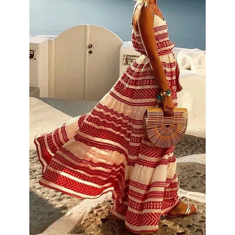 Women's Maxi Dress Casual Dress Slip Dress Boho Dress Bohemia Casual Vacation Daily Regular Fit Geometric Sleeveless Strap Black Red Green Summer4
