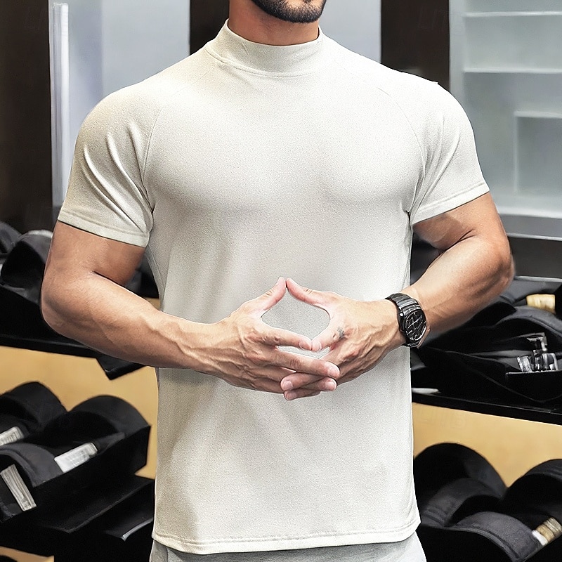 Men's Tank Top Gym Shirt Workout Shirts Athletic Shirts Turtleneck Short Sleeve Outdoor Daily Gym Sweat wicking Breathable Solid Color Black White Activewear Polyester Casual Athleisure
