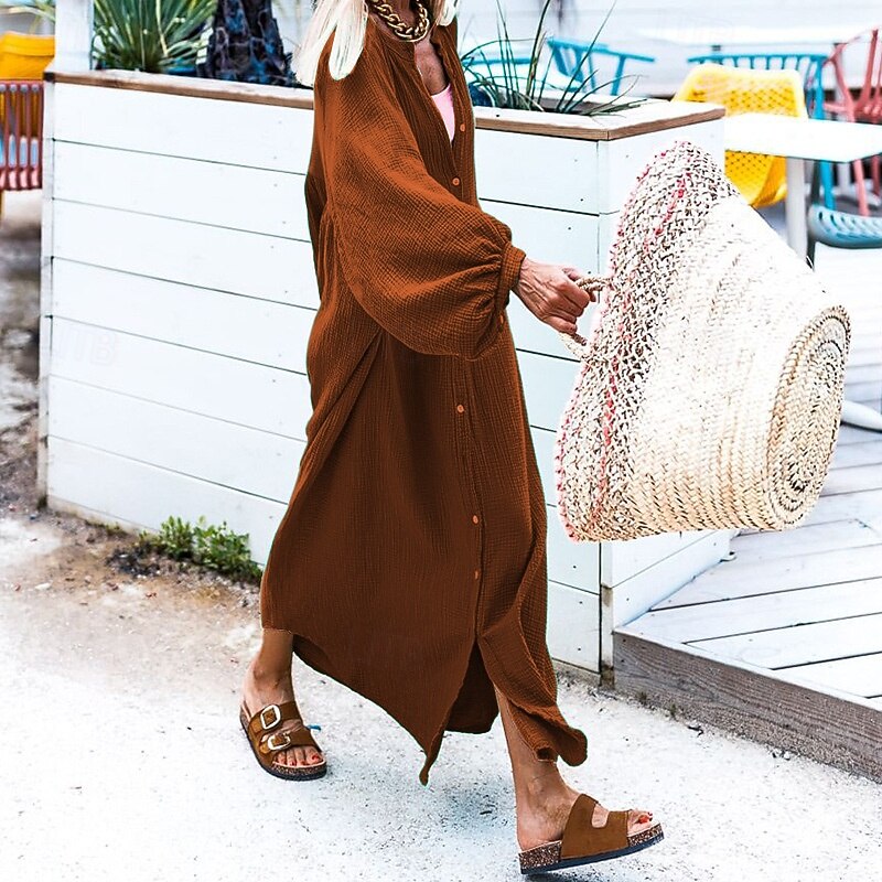 Women's Long Dress Maxi Dress Casual Dress Stylish Casual Lantern Sleeve Vacation Daily Date Regular Fit Plain Long Sleeve Stand Collar Black Red Brown Spring Fall3