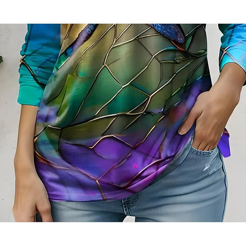 Women's T Shirt V Neck Long Sleeve Tunic Animal Rainbow Color Gradient Elegant Vintage Regular Tops Daily Print Blue Summer Spring Fall3