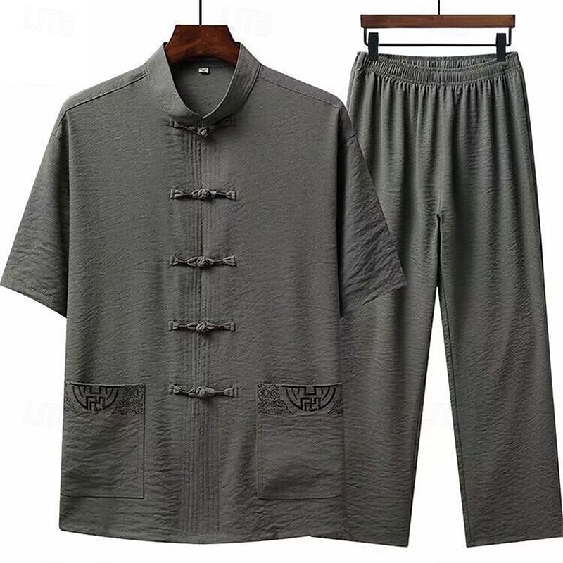 Men's Shirt Shirt Set Summer Shirt Casual Shirt Beach Shirt Button Up Shirt White Navy Blue Green Light Grey Dark Gray Short Sleeve Plain Stand Collar Vacation Hawaiian 2 Piece Clothing Apparel4