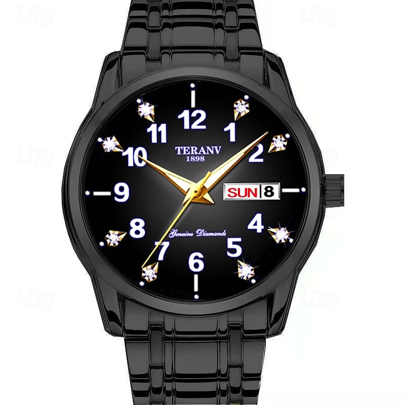 Digital New Diamond-Studded Alloy Steel Band Men'S Business Quartz Watch Luminous Dual Calendar Round Dial Waterproof Rating Ipx7 Multi-Functional Fashion Watch Suitable For Travel Gift3