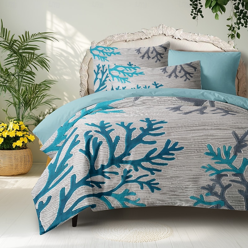 Coral Beach Duvet Cover Set Cotton Aqua Ocean Theme Pattern Set Soft 3-Piece Luxury Bedding Set Home Decor Gift Twin Full King Queen Size Duvet Cover