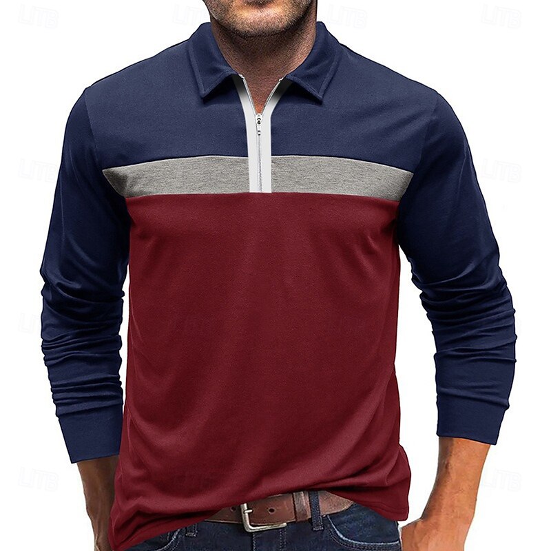 Men's Color Block Rugby Polo Long Sleeve Polo Shirts Quarter Zip Fashion 3D Print Modern Daily Holiday Going out Patchwork Spring &  Fall White Wine Navy Blue2
