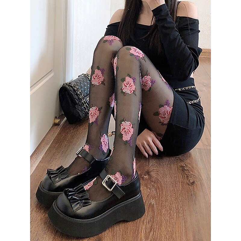 Floral Embroidered Sheer Tights for Women – Elegant Black Fishnet Pantyhose with Rose Design, Perfect for Casual, Evening Wear & Special Occasions2