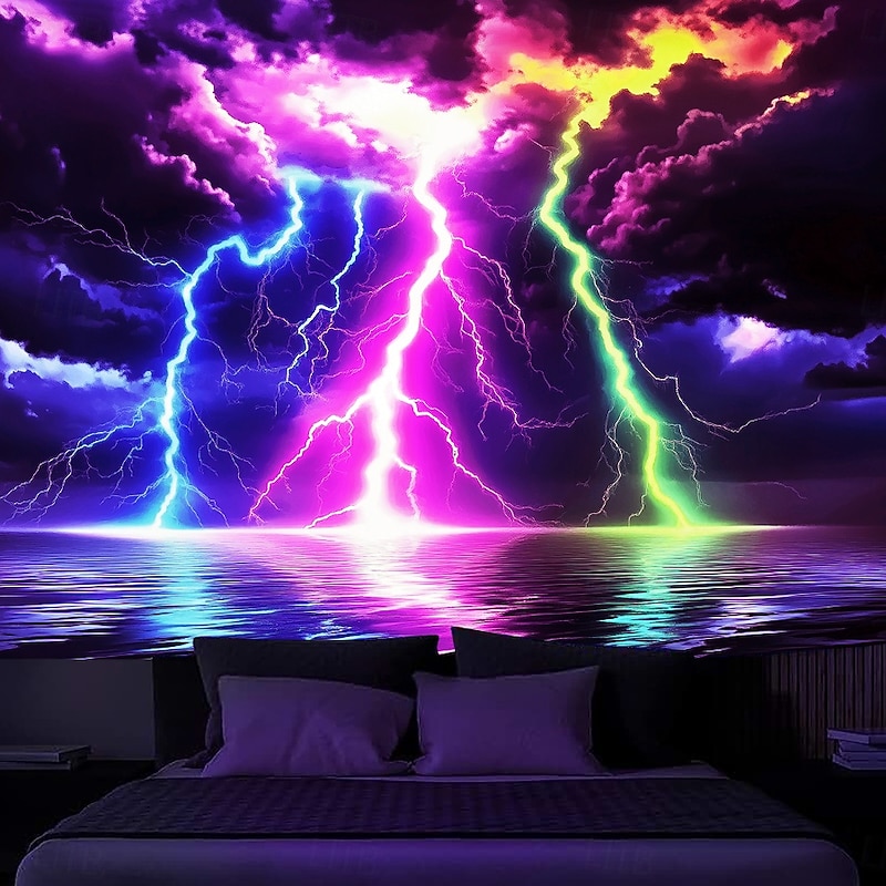 Blacklight Tapestry Glow in the Dark Glow Party UV Reactive Trippy Misty Lightning Nature Landscape Hanging Tapestry Wall Art Mural for Living Room Bedroom