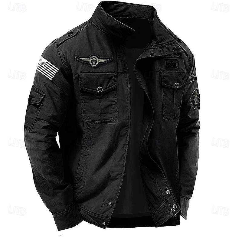 Men's Cotton Embroidered Military Jacket with Shoulder Straps Long Sleeve Standing Collar Multi-Pockets Trucker Jacket US Flag Print Tactical Outerwear3
