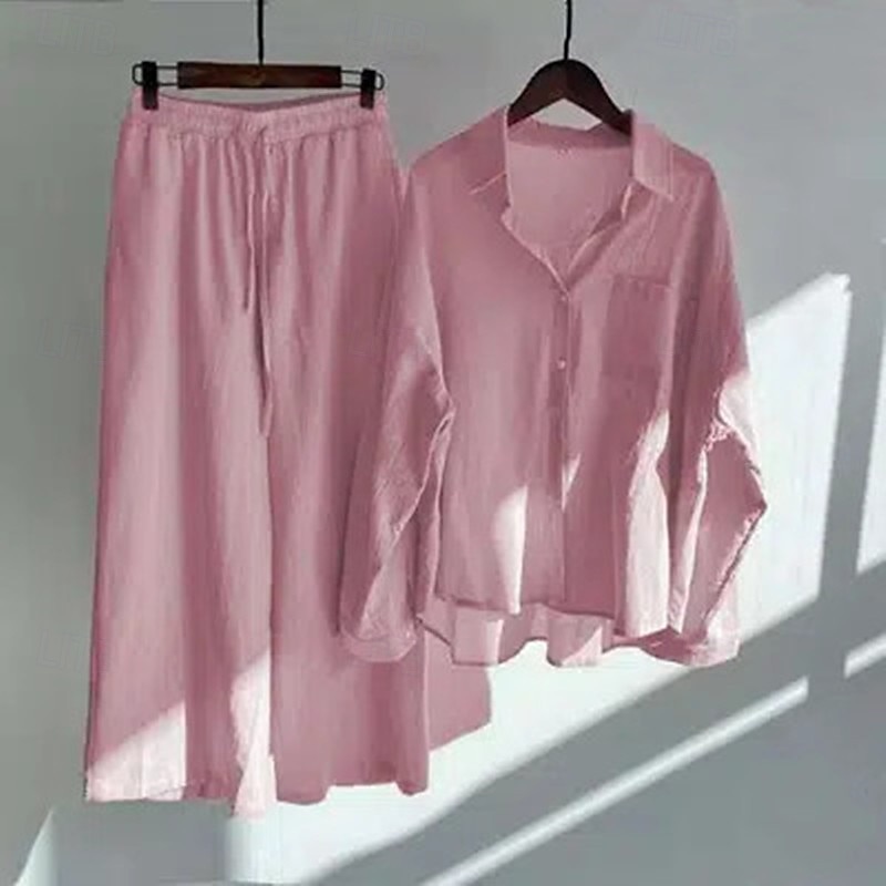 Women's Fashion Streetwear Shirt Cotton Linen Sets Two Piece Sets Linen Pants Pants Trousers Long Sleeve Shirt Collar Solid Color Drawstring Daily Wear Date Light Green Pink Brown Spring Regular Fit2