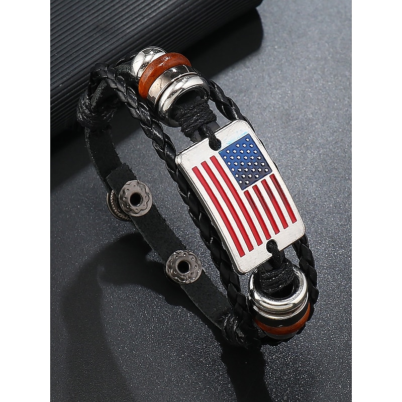 Men's Leather American Flag Bracelet – Stylish Braided Strap with Metal and Wooden Accents for Casual and Patriotic Occasions3