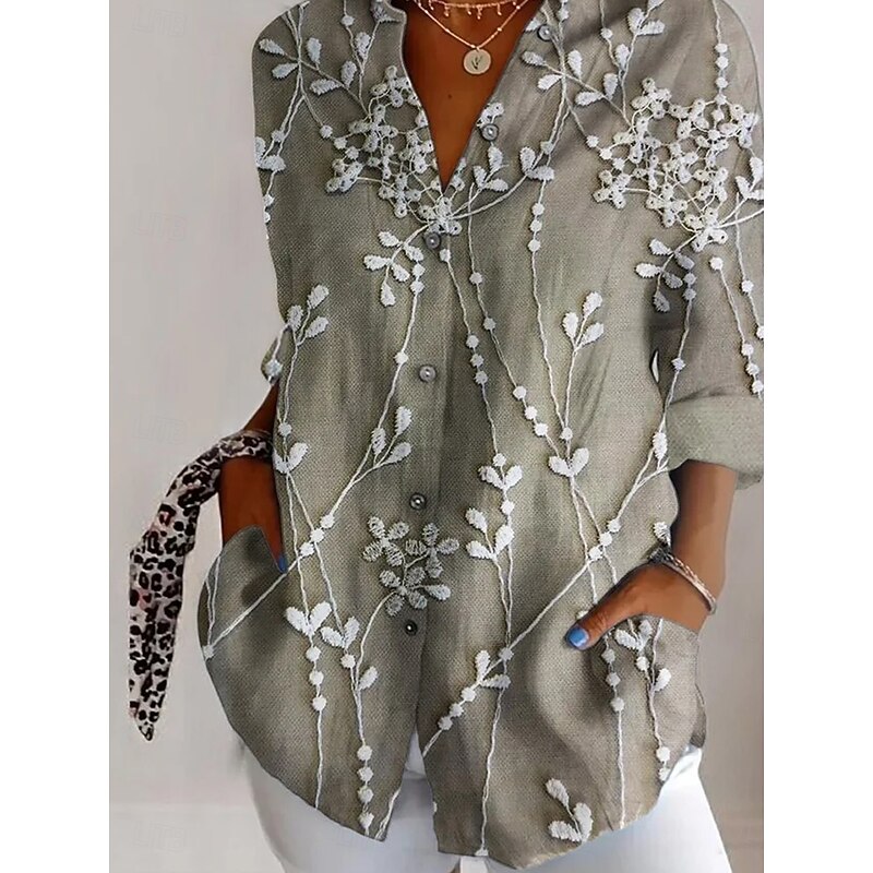 Women's Shirt Button Down Tunic Shirt Collar Long Sleeve 3D Print Floral Graphic Daily Stylish Retro Vintage Regular Tops Daily Holiday Going out s Camel Khaki Spring3