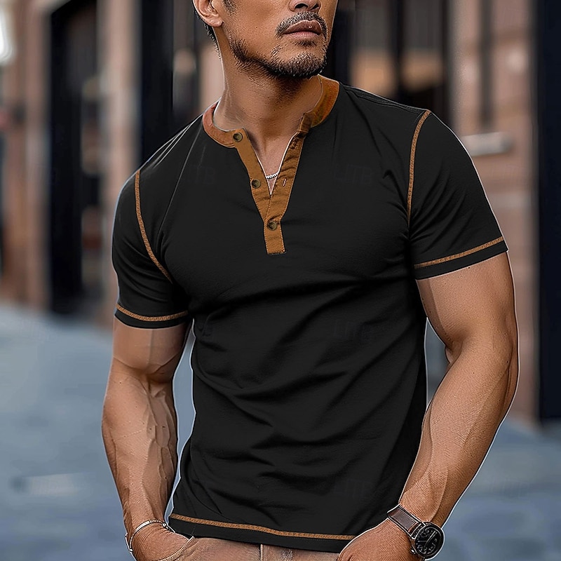 Men's Color Block Henley Shirt Tee Short Sleeve Vintage Fashion Designer Outdoor Casual Daily Spring &  Fall Black Gray Army Green Navy Blue Henley Henley T-Shirt4