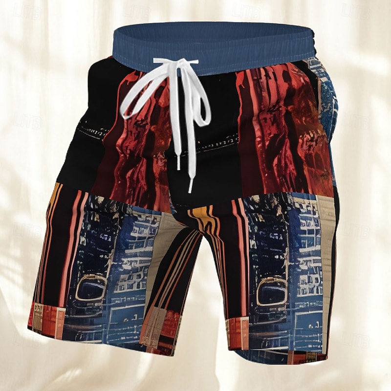 Men's Geometric Color Block Patchwork Board Shorts Swimming Trunks Summer Shorts Mid Waist Streetwear Hawaiian Vacation Side Pockets Elastic Drawstring Waist Designer Clothing Apparel