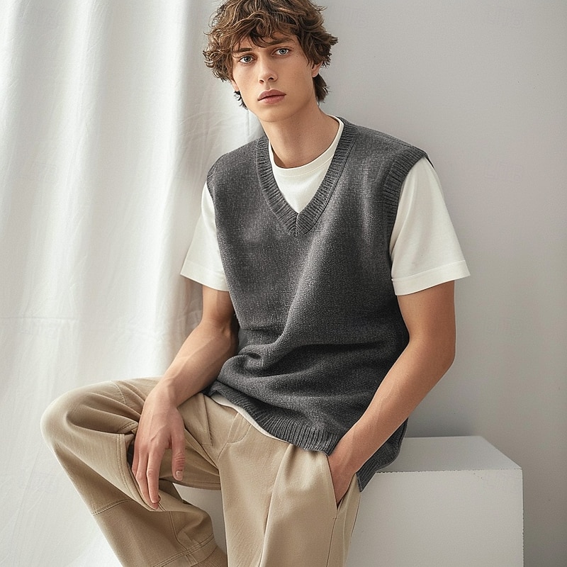 Men's 100% Merino Wool Sweater Vest Knit Solid Color V Neck Knitwear Elegant Outdoor Home Clothing Apparel Spring Fall Wine Red Black S M L