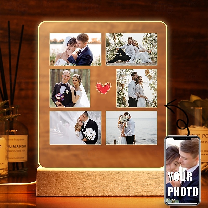 Personalized Acrylic Wedding Night Light  – Light Up Photo Frame French Style Customized Photos Romantic Gift for Couples, Anniversaries & Weddings
