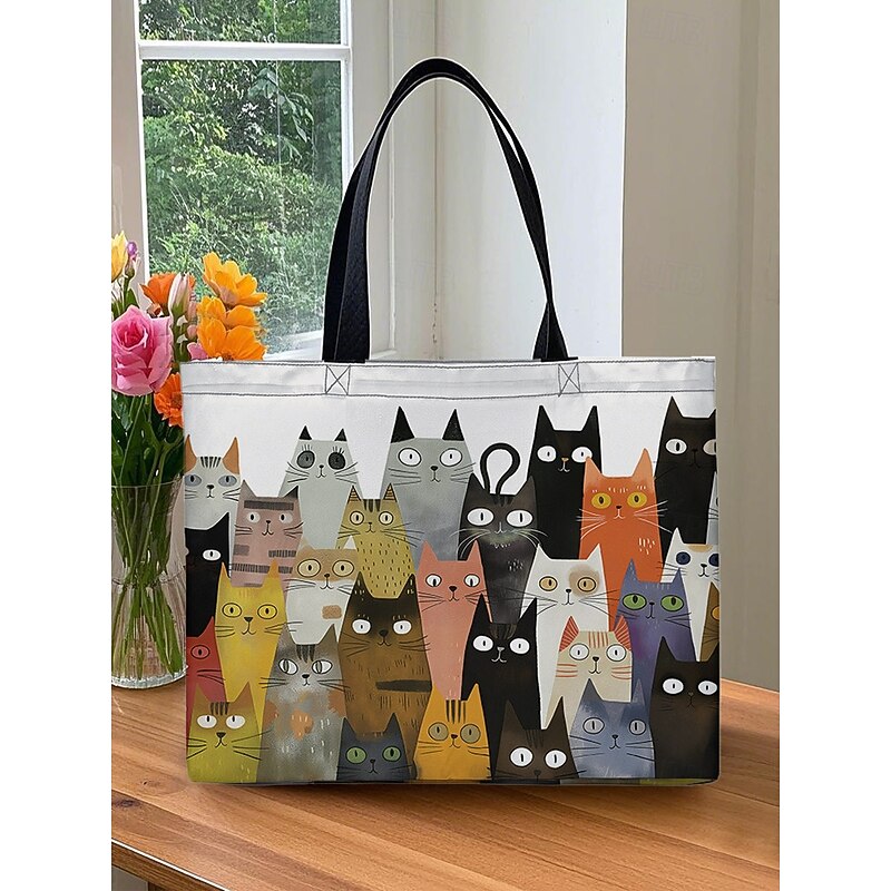 Women's Cute Cat Print Tote Bag - Anti-theft Zipper Inner Pocket, Large Capacity Canvas Tote Bag, Fashionable and Fun, Great for Shopping, Work and Casual Outings4