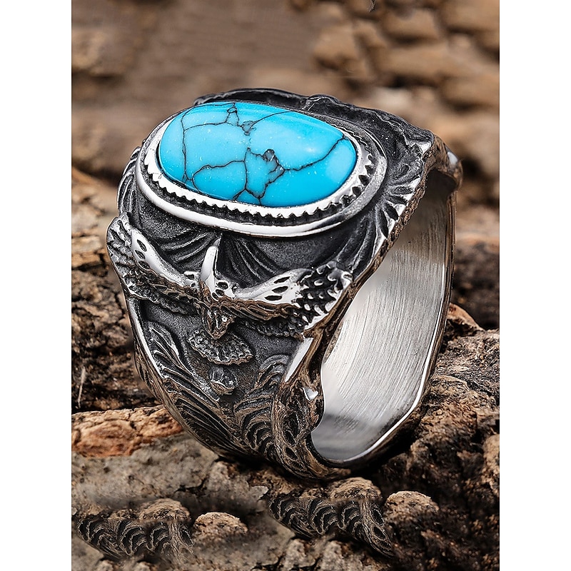 Stainless Steel Turquoise Ring with Eagle Design  Vintage Western Style Ring for Men  Unique Statement Jewelry for Casual & Outdoor Wear