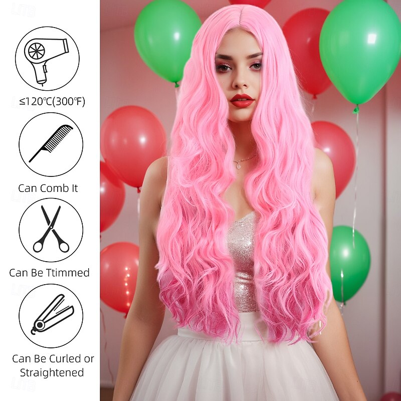 Synthetic Wig Curly Wavy With Bangs Machine Made Wig Long Pink+Red Synthetic Hair Women's Pink3